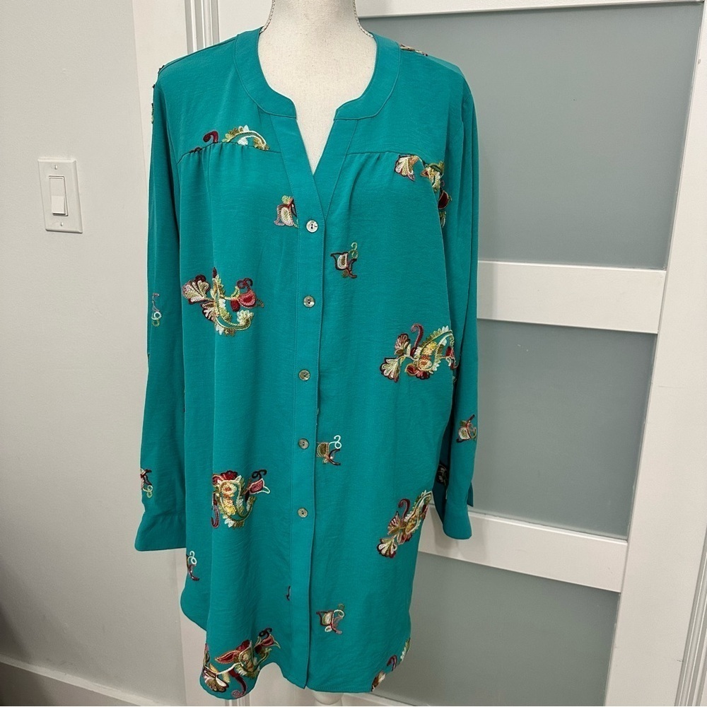 Anthropologie Fig Flower Turquoise Embroidered Top SZ 2X Peasant Button Up NWT